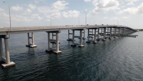 Medium-aerial-drone-shot-of-traffic-on-causeway-bridge-on-a-beautiful-sunny-day