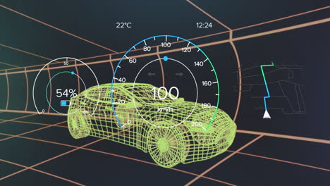Animation of car interface over digital car model on black background