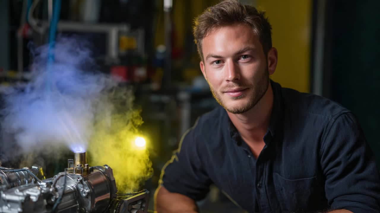 Un ingegnere esperto mostra un potente motore modello che emette fumo colorato, dimostrando innovazione nel design e competenza ingegneristica in un ambiente di officina. Cattura la creatività e la precisione in azione.