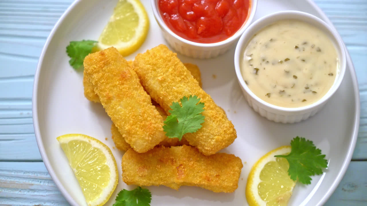 stecca di pesce fritto o patatine fritte pesce con salsa