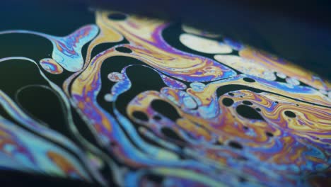Fluid dynamics and light refraction diffraction in soap bubble surface close up