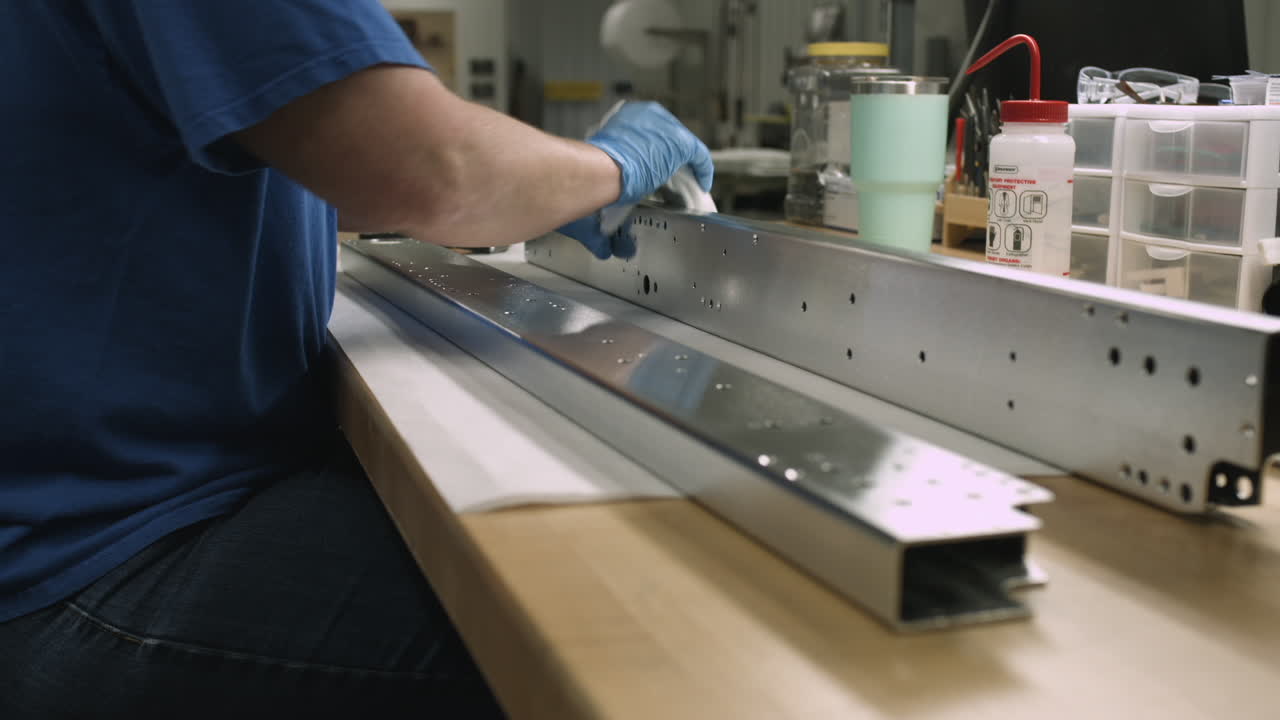 Female laborer hands polishing and inspecting a finished steel component in a manufacturing plant sliding stabilized shot