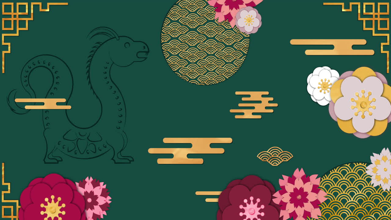 Animazione di un segno del drago e un motivo cinese su sfondo verde.