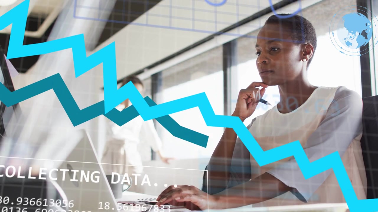Woman at laptop, business data overlay appearing, typing and analyzing as charts sweeping, receding