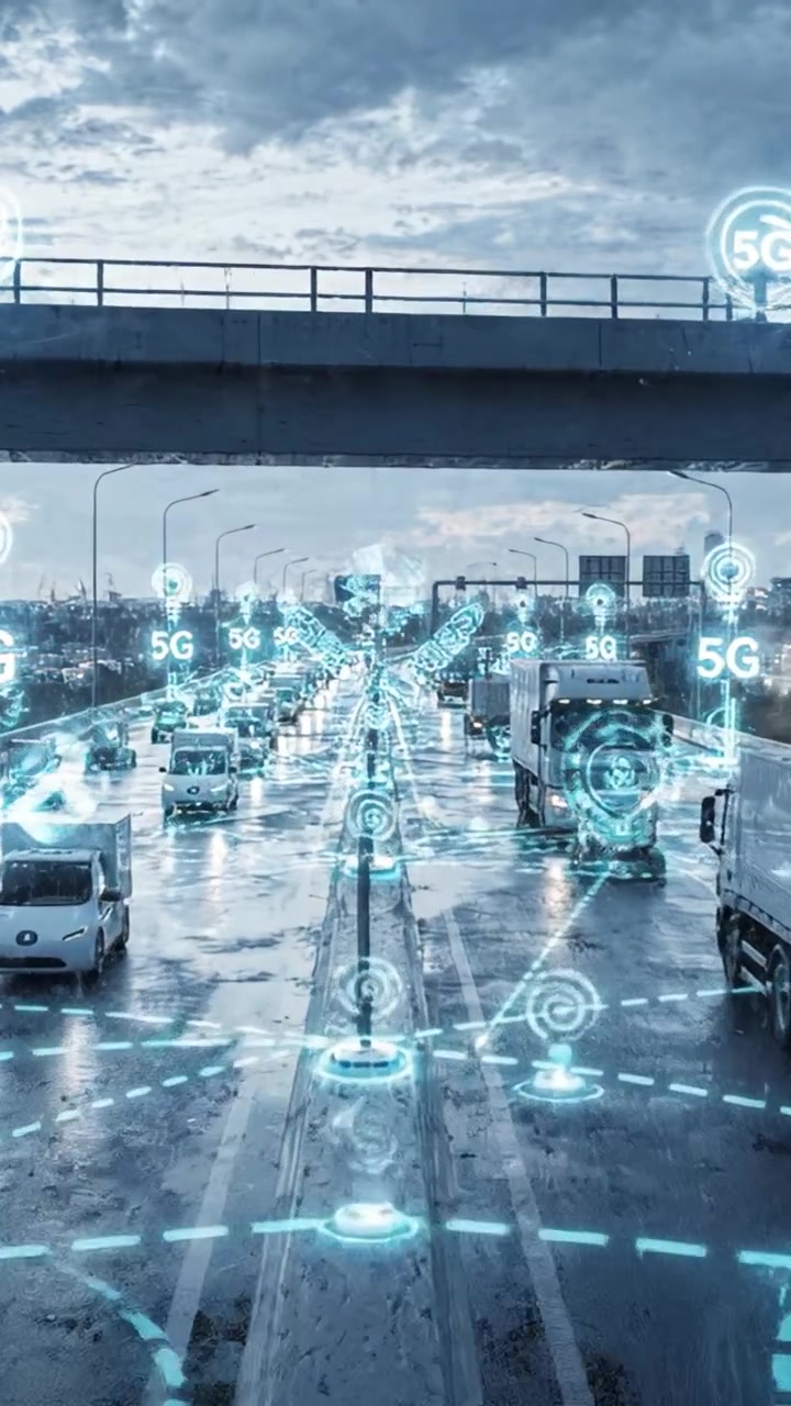 Flusso di traffico autostradale con integrazione di tecnologia intelligente che mostra connettività 5G e sistemi di comunicazione avanzati in un ambiente urbano