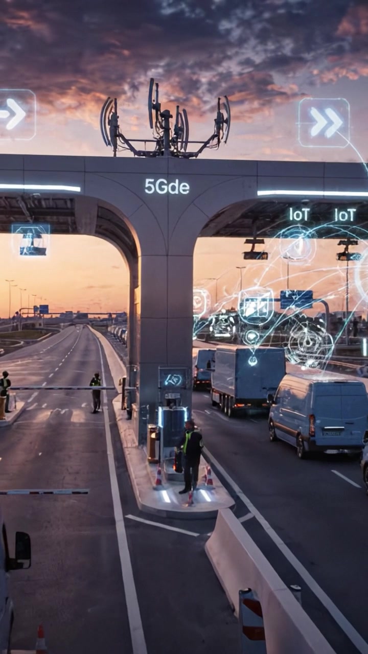 Sunset at Smart Toll Booth: Workers Manage Traffic and Technology at a Modern Toll Plaza Featuring Advanced Connectivity and Infrastructure Developments