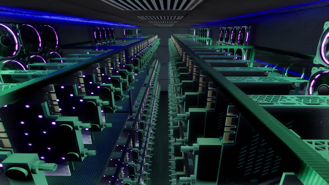 animación 3d de equipos de minería en bastidores de soporte minero criptomoneda en contenedor de acero. aplicación de tecnología blockchain específico centro de datos de circuitos integrados. luces de sala de servidores.