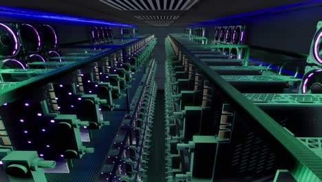 3d animation of mining equipment on stand racks mine cryptocurrency in steel container. blockchain technology application specific integrated circuit datacenter. server room lights.