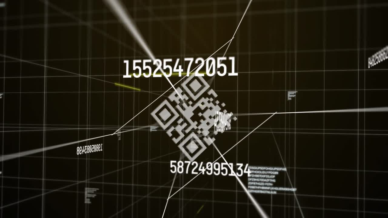 animación digital del escáner de código qr y el cambio de números a través de la red de cuadrícula contra un fondo marrón