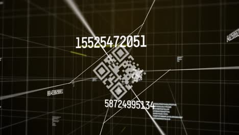 Digital animation of qr code scanner and changing numbers over grid network against brown background