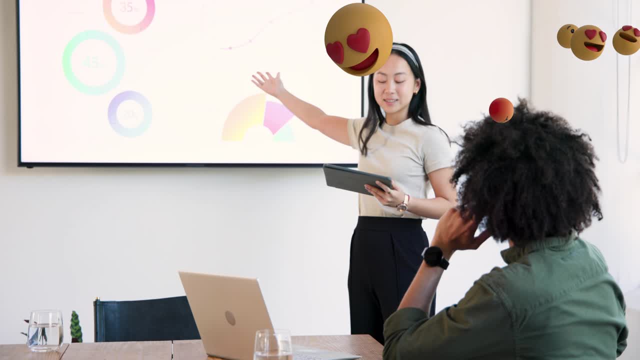 Woman tapping tablet and standing to demo, creating emoji overlay while pointing at business charts