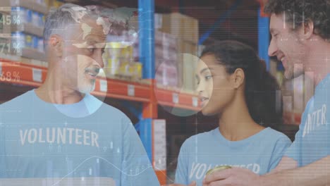 Statistical-data-processing-over-diverse-male-and-female-volunteers-checking-donations-at-warehouse