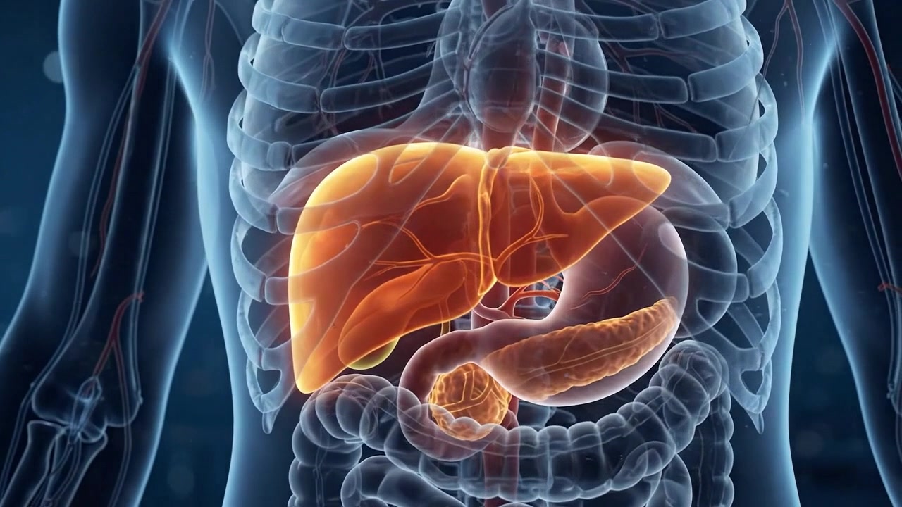 Glowing Blue Human Liver Digital Visualization