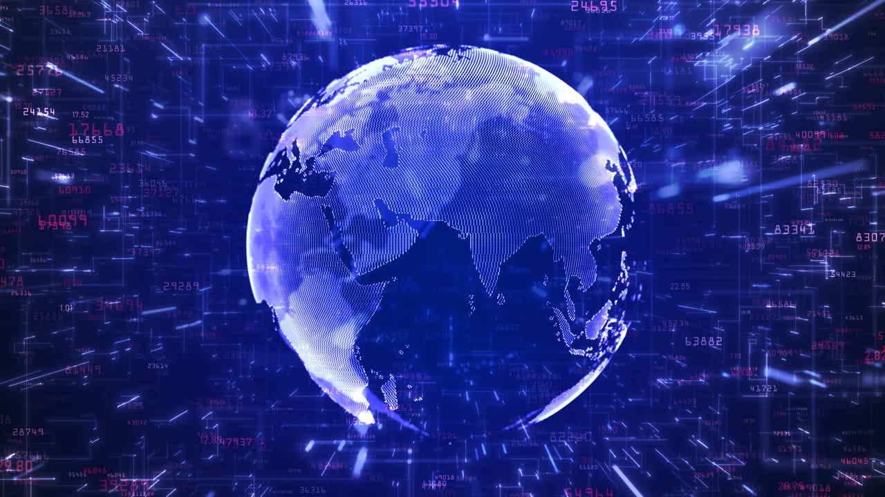 Blue Global Earth Animation: Rotating Globe with Moving Binary Code, Numbers