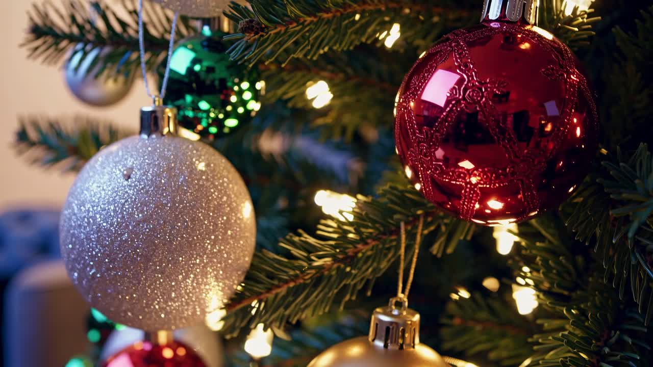 Festive close-up video of Christmas tree ornaments, showcasing glittery and shiny baubles