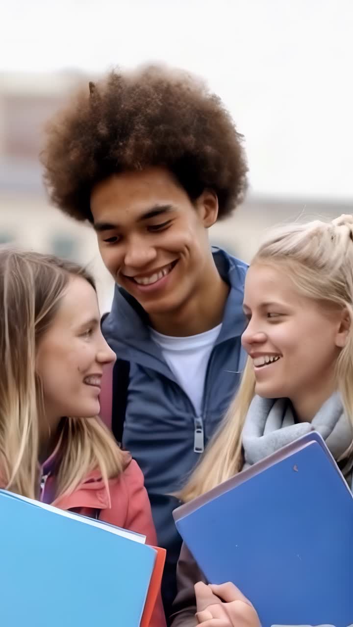 Tre giovani studenti di diverse etnie sorridono e tengono in mano libri e cartelle.