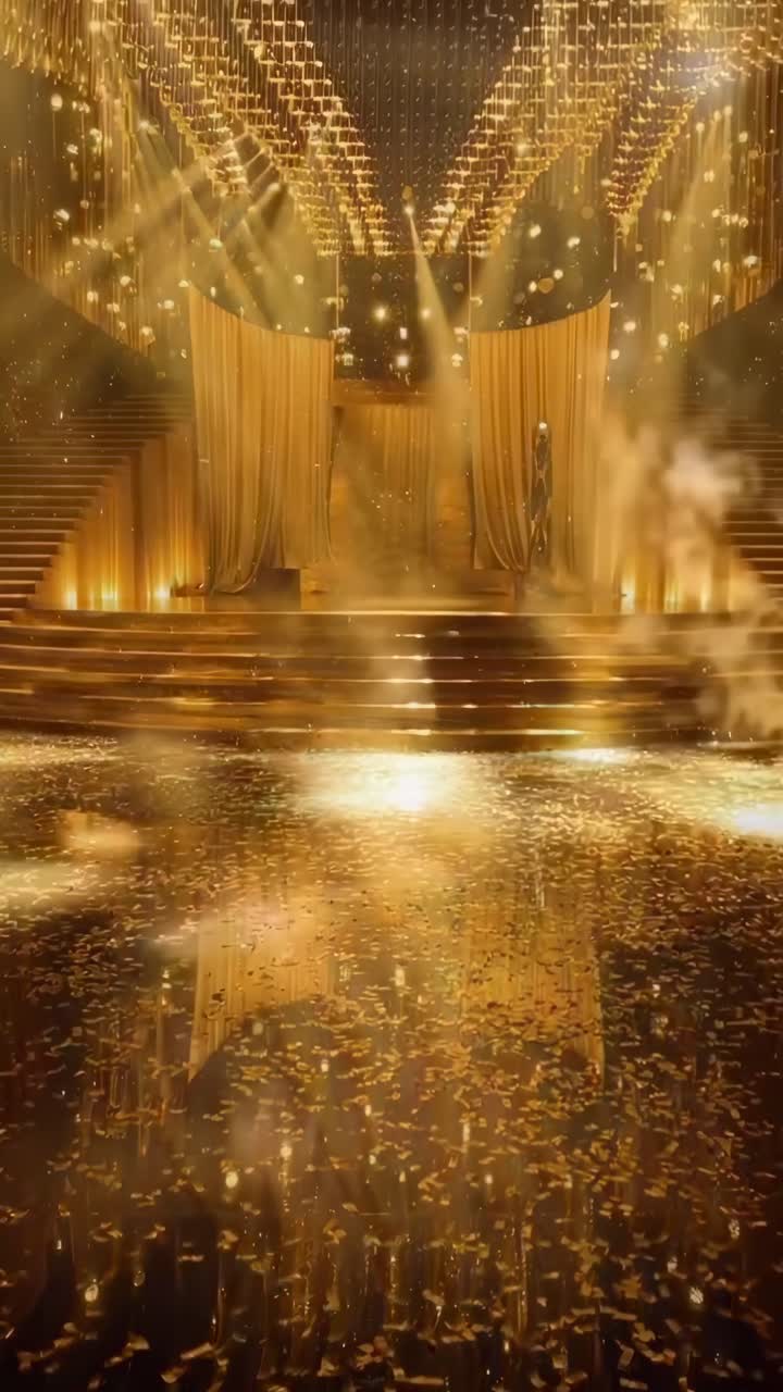 Luksuriøs scene med gyldne lys og konfetti. Lav vinkel fanger storheden. Videostil. Live.
