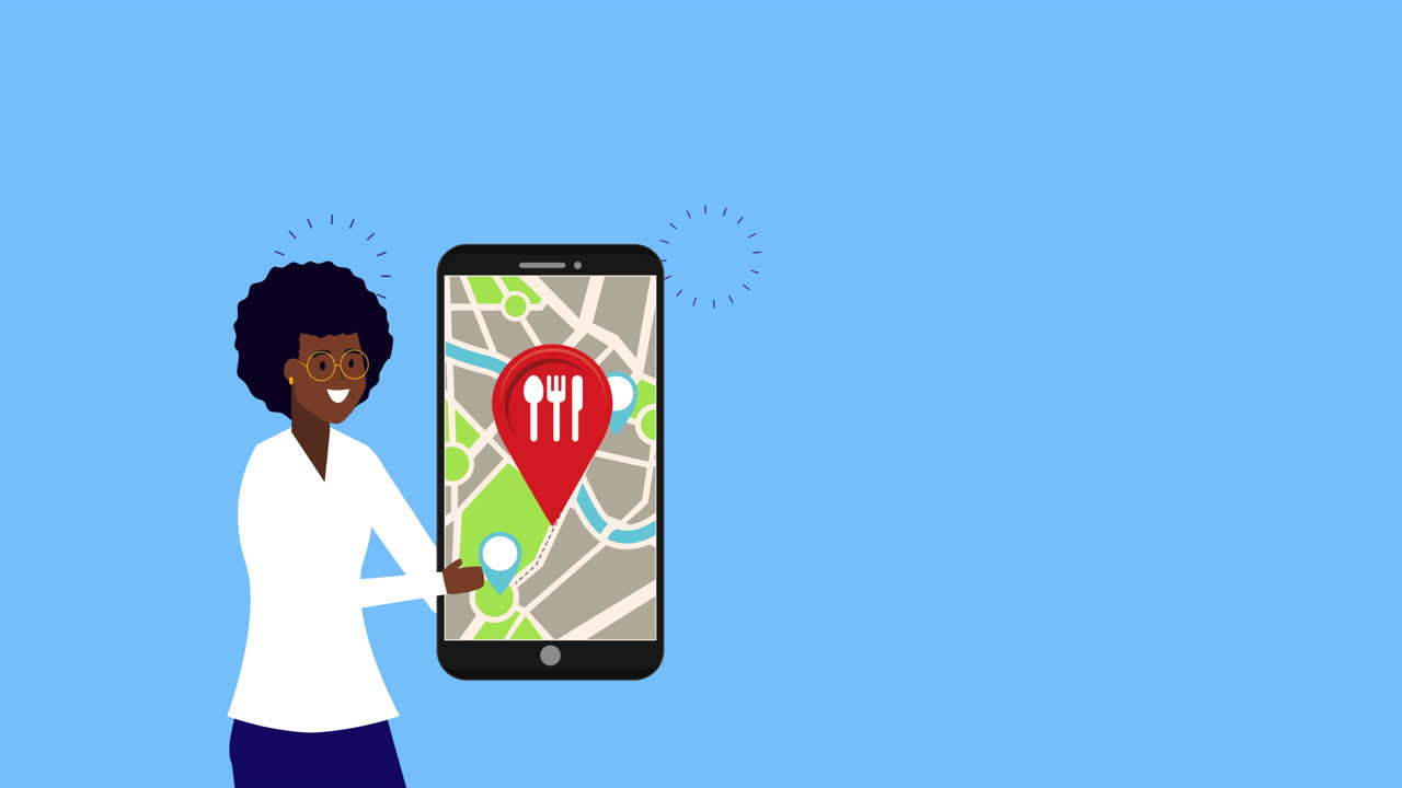 afro businesswoman with smartphone and restaurant location animation