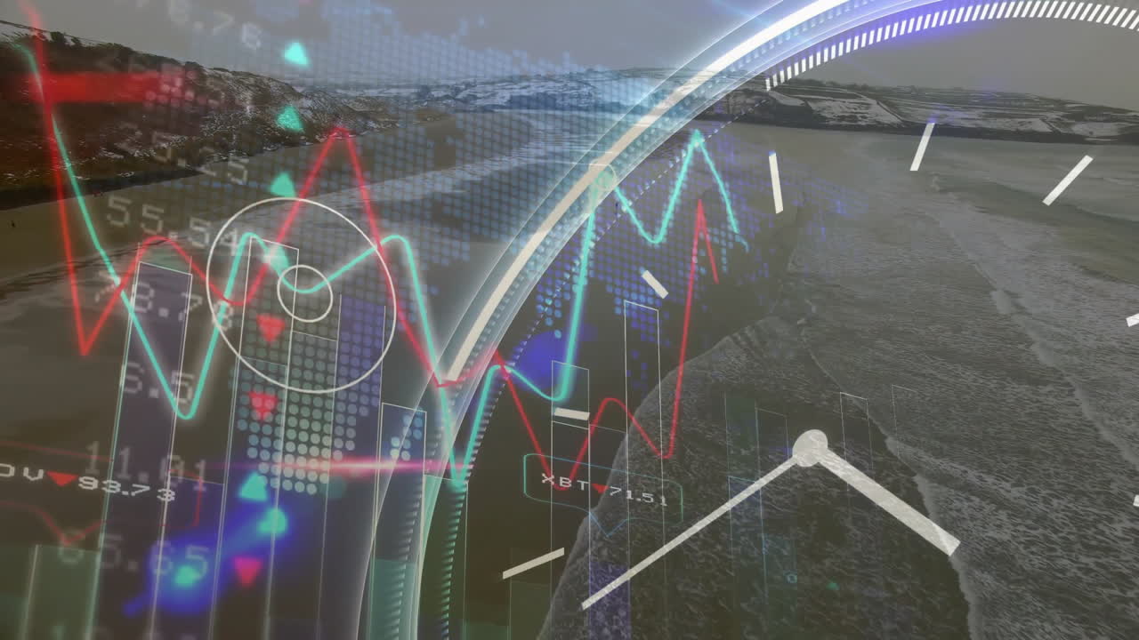 Financial graphs overlaying snowy landscape with clock face in animation background
