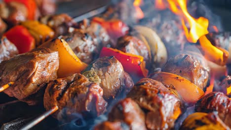 sizzling barbecue skewers with marinated meat and colorful vegetables roasting over glowing charcoal, releasing aromatic smoke and enticing flames during outdoor summer cooking