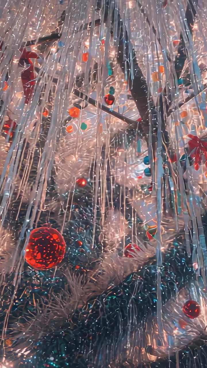 Vertical video: On start camera panning down holiday tree in hall showing tinsel LEDs and baubles