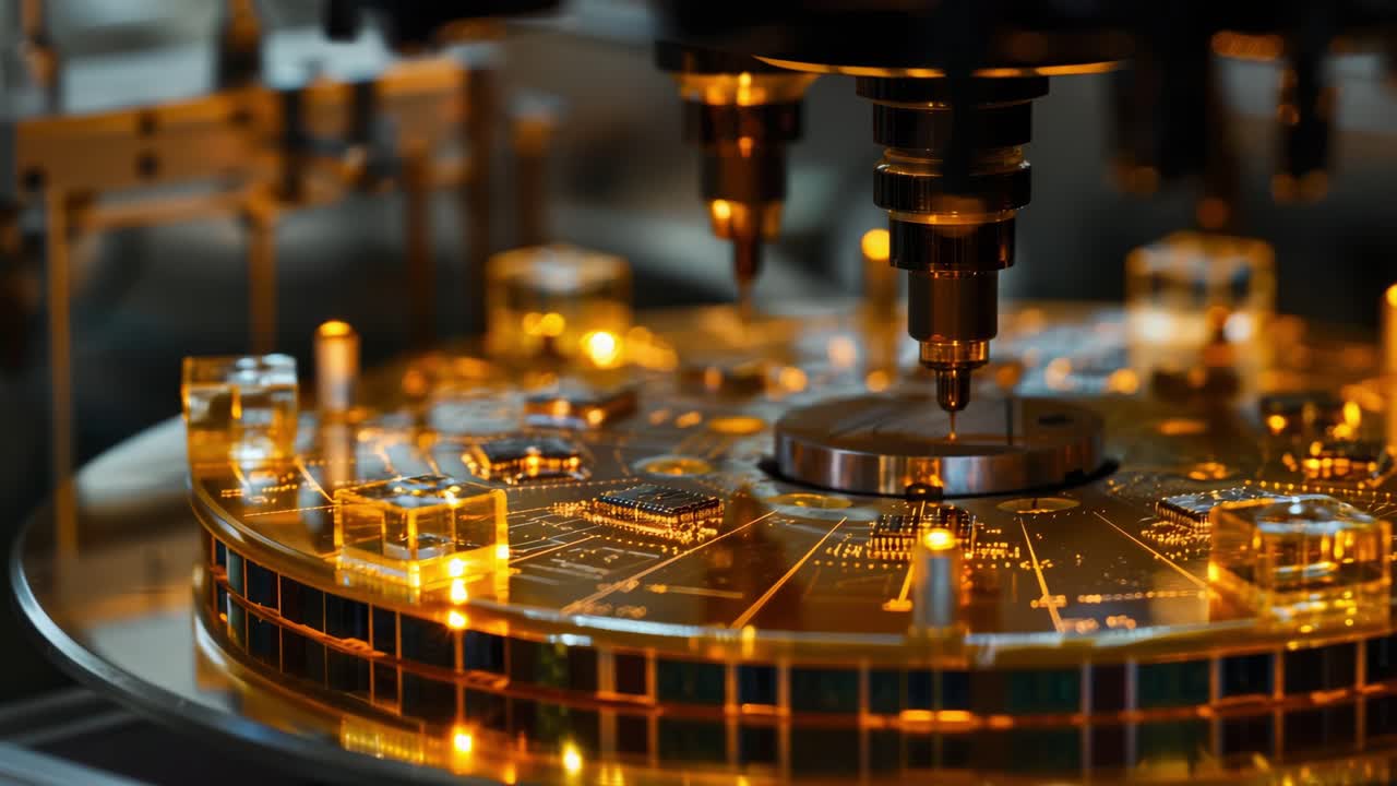 Sophisticated industrial machinery precisely processes components on a brightly illuminated circuit board, showcasing advanced manufacturing technology