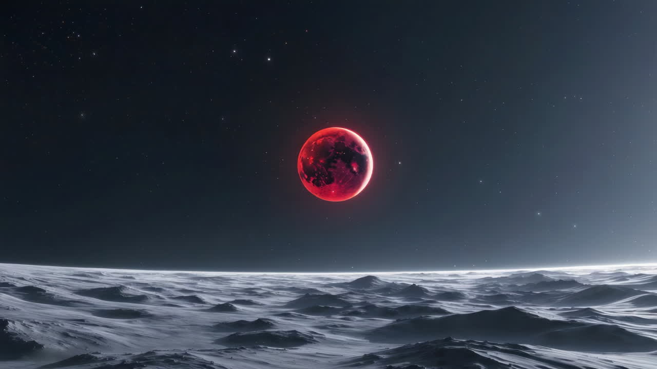 Red Celestial Body Over Desolate Lunar Landscape