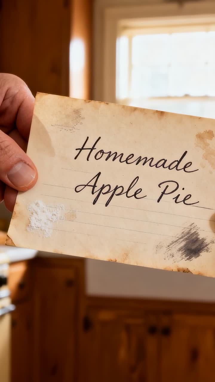 Vertical video: Showing hands tilting recipe card in kitchen, left hand entering, showing Apple Pie