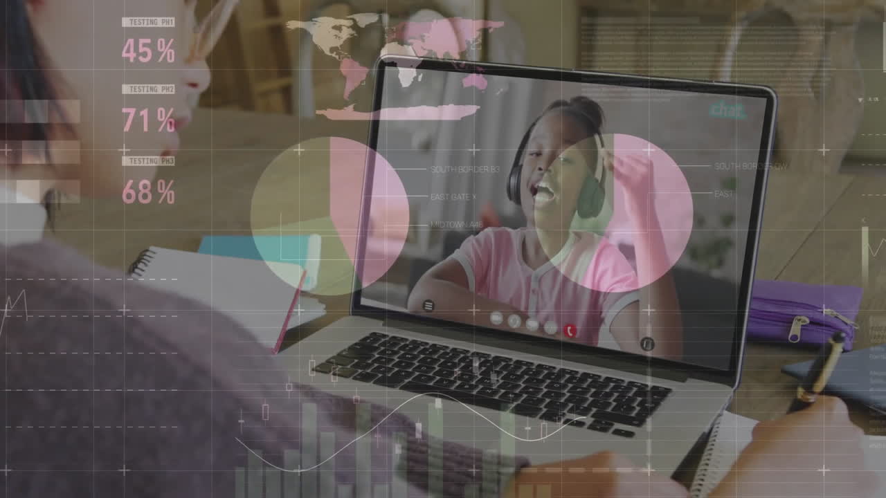 Animation of data processing over asian schoolgirl using laptop for video call with friend