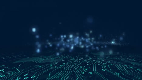 animación del procesamiento de datos en una placa de circuito luminoso de computadora