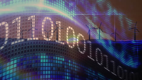 animation of binary code with wind turbines on digital grid in school setting