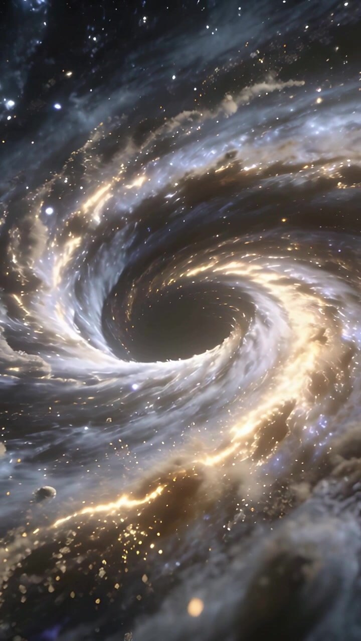 Vertical video: Rotating spiral vortex drawing golden arms into dark core in space under gravity
