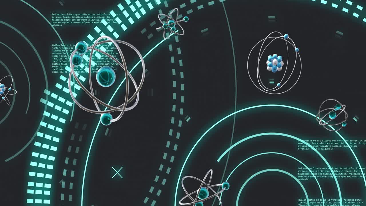 검은색 배경에 빛의 흔적 위에 미세한 원자 모델의 애니메이션