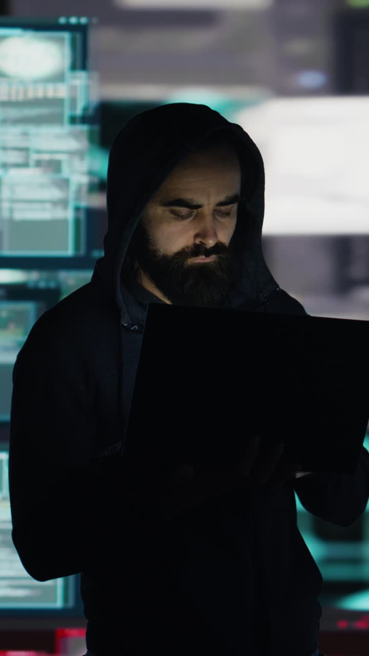 Vertical Video Male hacker operates in stealth mode breaching system access through coding