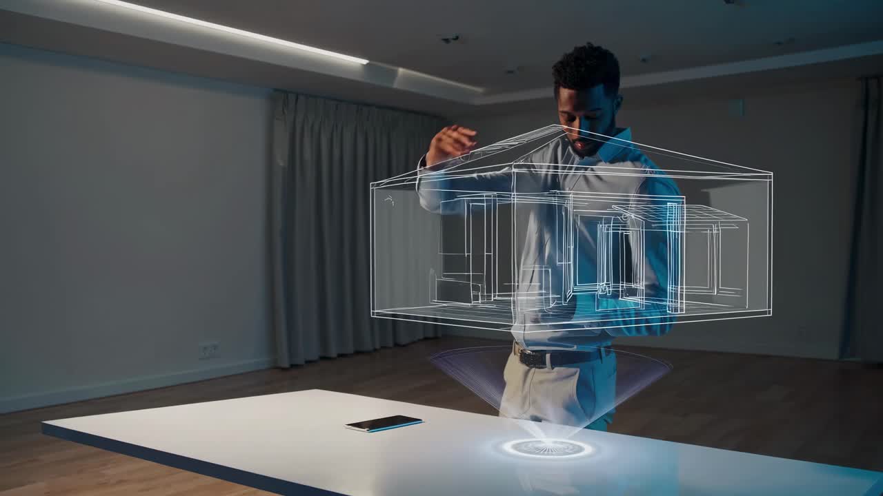 Futuristic video concept with a man interacting with a holographic house model