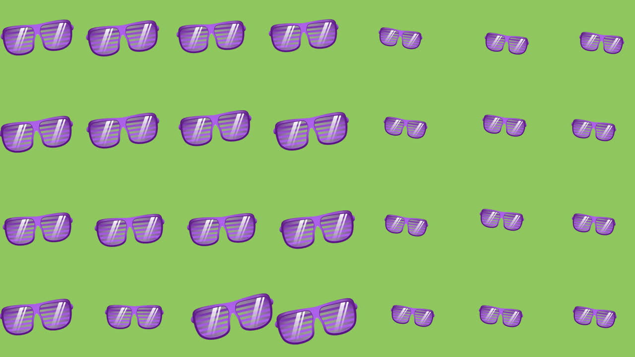 초록색 배경 위에 움직이는 보라색 안경의 애니메이션