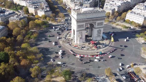 drone view of place charles de gaulle with the arc de triomphe.