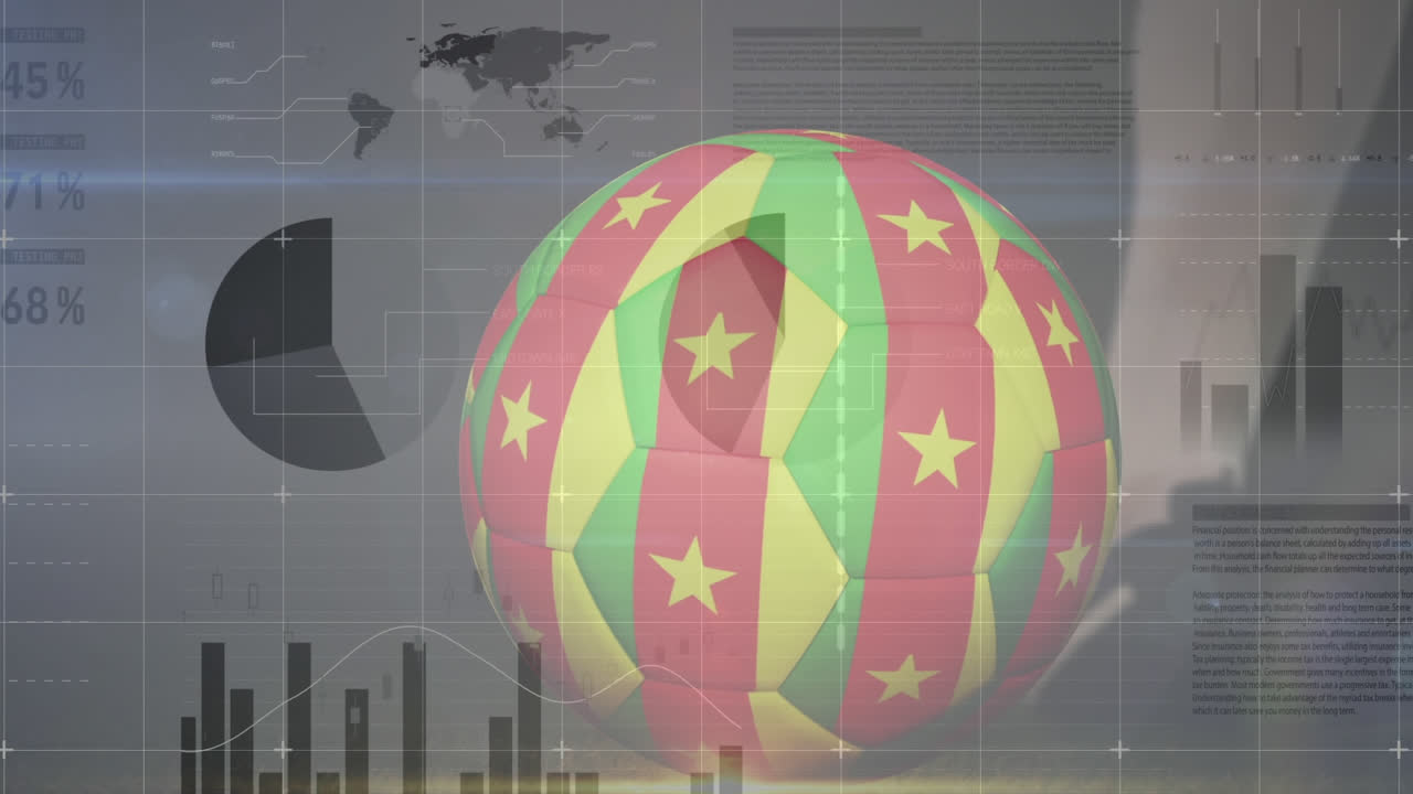 Animation of data processing and football with flag of cameroon over soccer player kicking