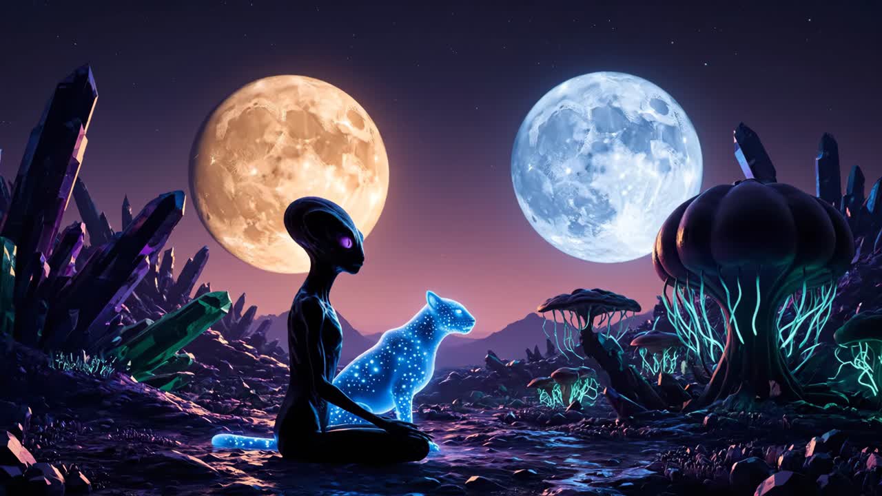 Alien and Cat Under Two Moons