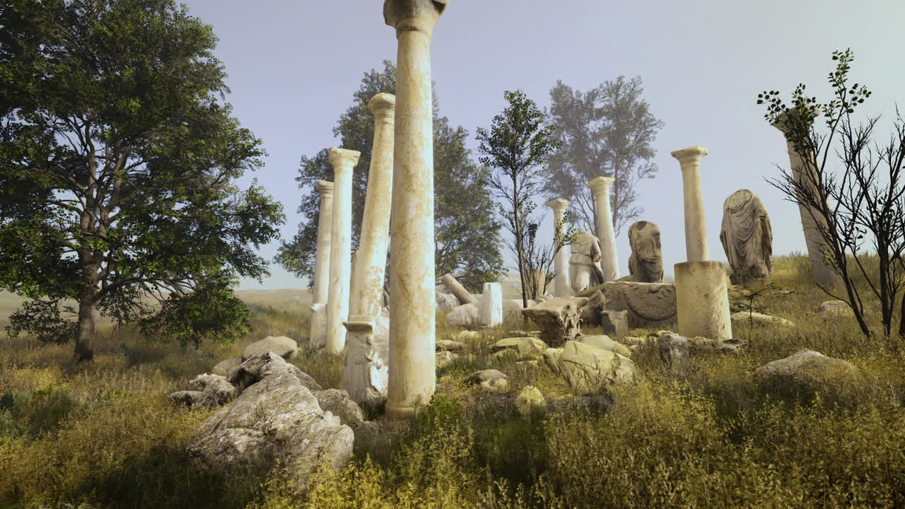 Ancient columns stand amidst lush greenery in a serene landscape