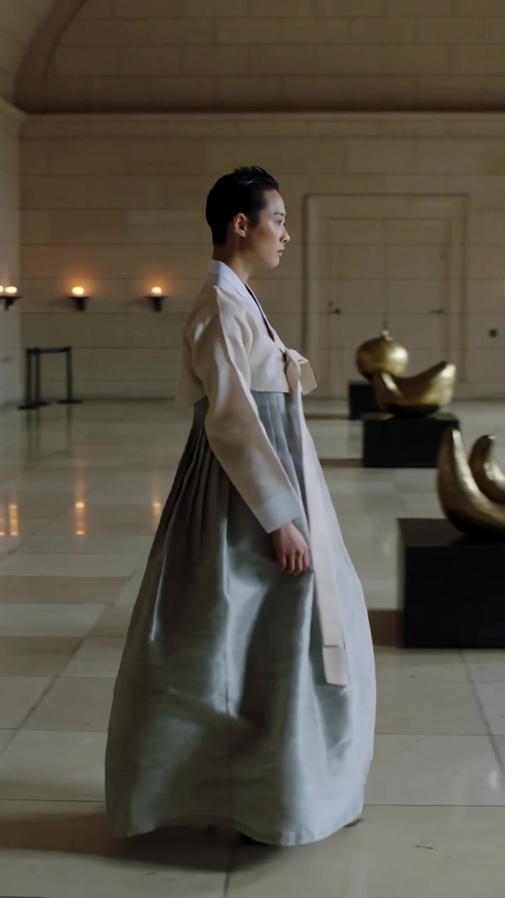 Video verticale: Una donna in hanbok bianco entra da una porta e cammina attraverso una sala formale, passando davanti a delle applique