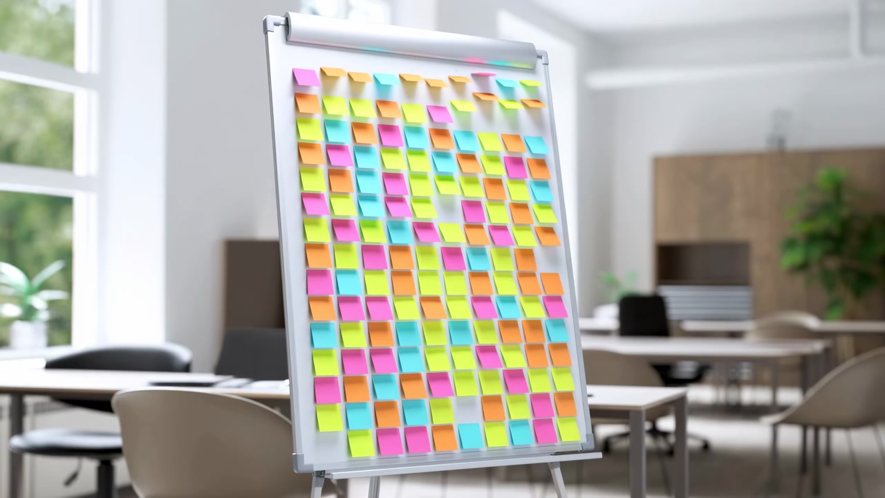 Un flip chart vuoto su un cavalletto si trova in un ufficio moderno e pulito, con piccoli post-it colorati attaccati vicino al bordo inferiore. La luce soffusa del giorno illumina il