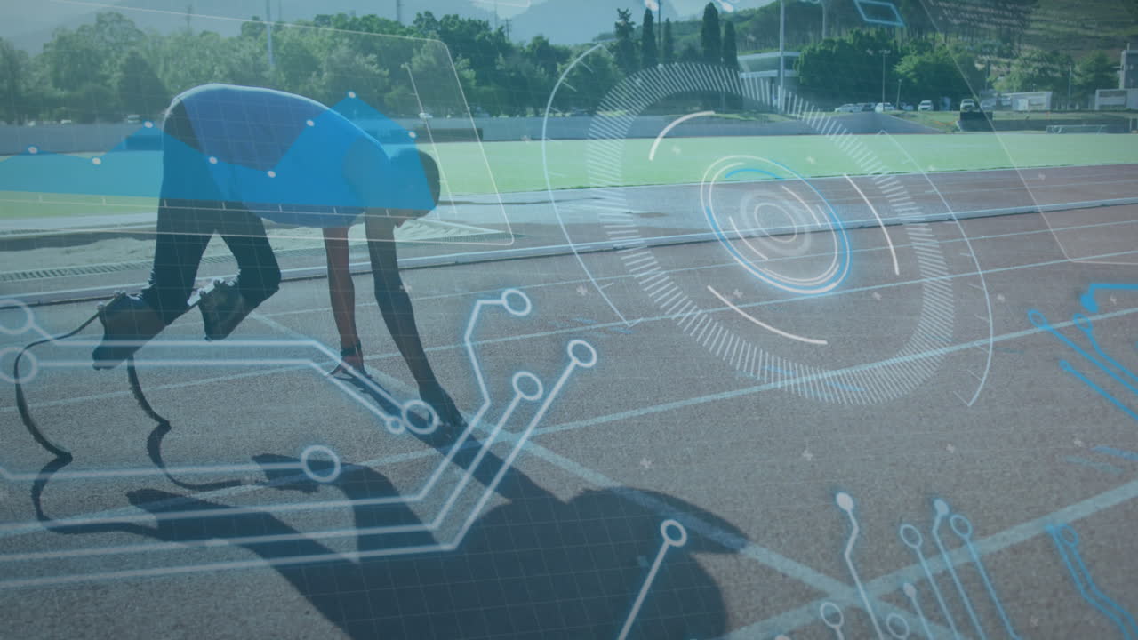 레이스 트랙에서 달리기 블레이드를 가진 장애인 남성 운동 선수에 대한 디지털 데이터 처리 애니메이션