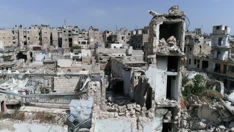 aerial view with a drone of buildings of aleppo in syria 10 years after the civil war. we can see ruins of building, destroyed after bombing 4k