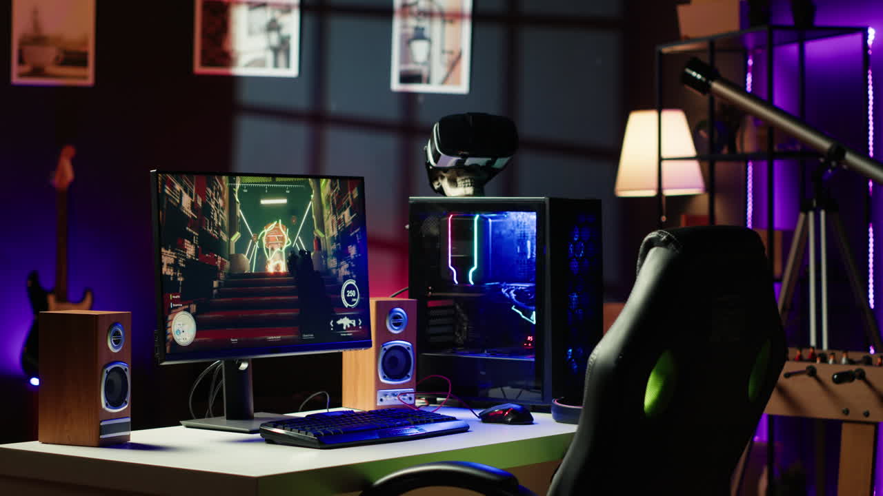 Desktop PC in home living room, monitor and virtual reality glasses