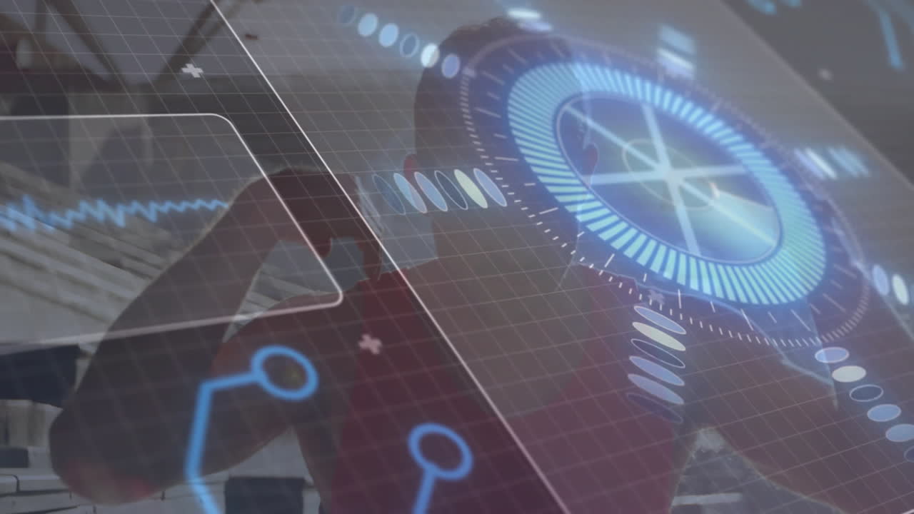 Engineer standing before power plant cooling tower, displaying digital HUD overlay with grid lines