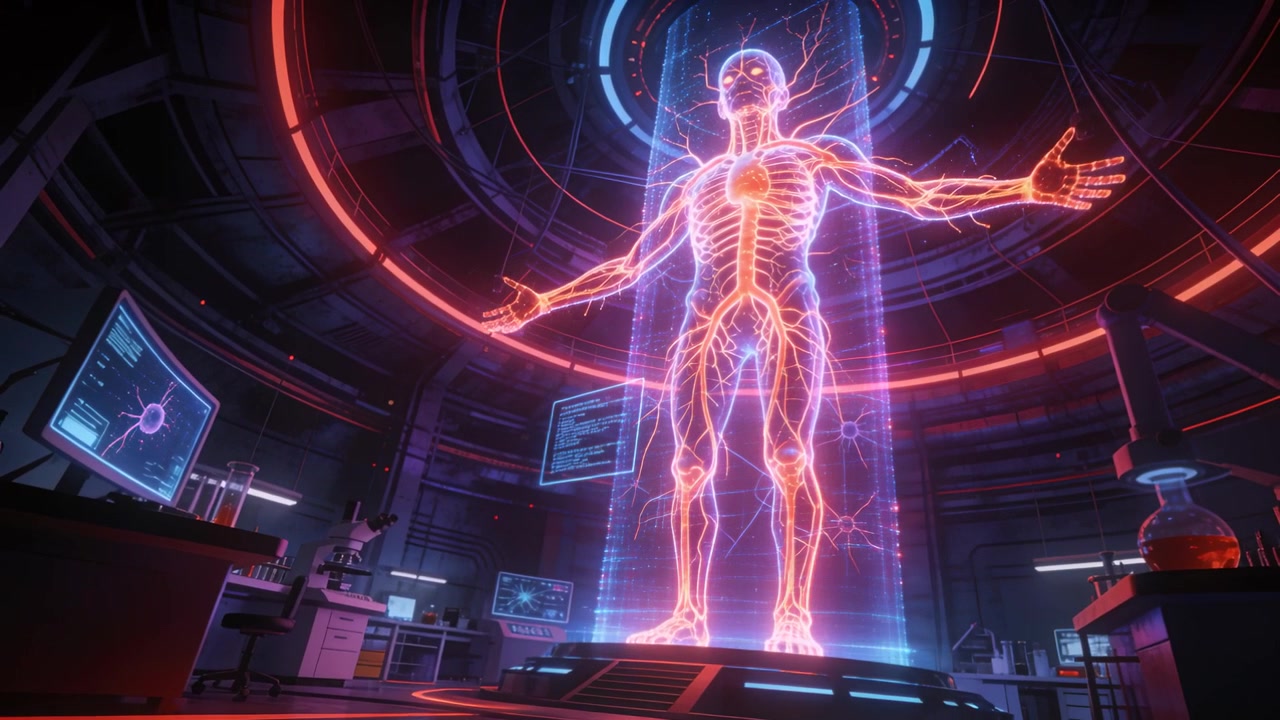 Projecting tall anatomical hologram pulsing vascular traces in lab, column activating for scan