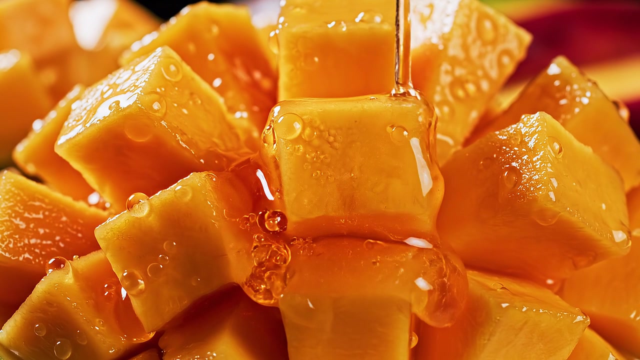 Primo piano di miele che cola su cubetti di mango fresco tagliato a dadini