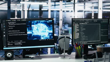 server room pc screens tracking mainframes processing machine learning datasets