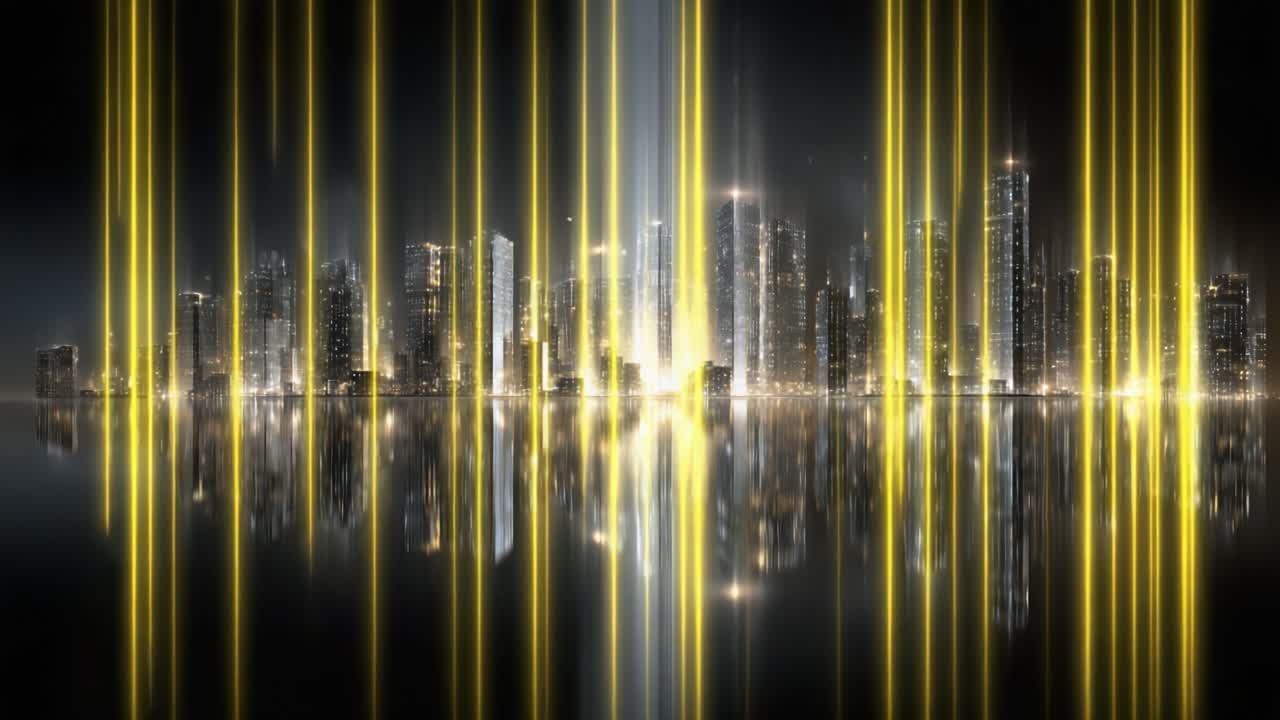 A Stunning Showcase of a Modern City Skyline Aglow with Brilliant Lights and Reflections, Captured in Two Striking Frames Highlighting a Dynamic Urban Landscape at Night